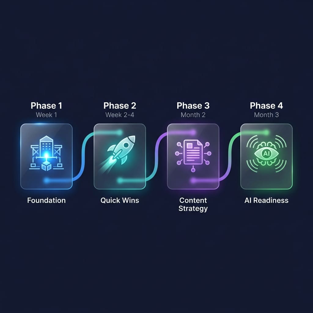Lộ trình triển khai Agentic SEO 4 phase: Foundation, Quick Wins, Content Strategy, AI Readiness