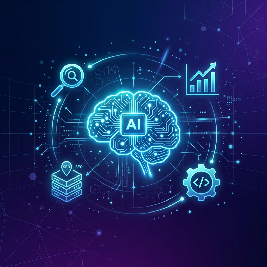 Agentic SEO — AI agent tự hành kết nối với hệ sinh thái SEO tools trên nền gradient tối
