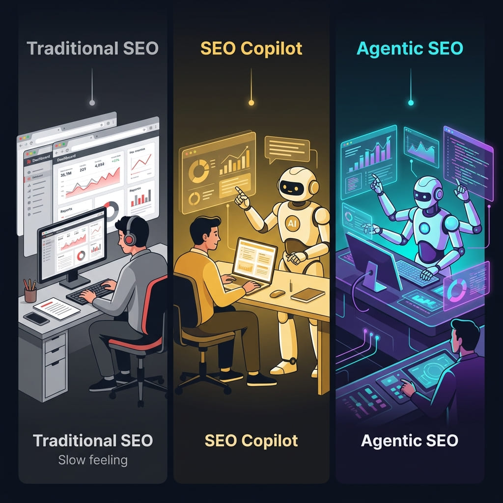 So sánh 3 cấp độ SEO: Traditional thủ công, Copilot hỗ trợ, Agentic tự hành